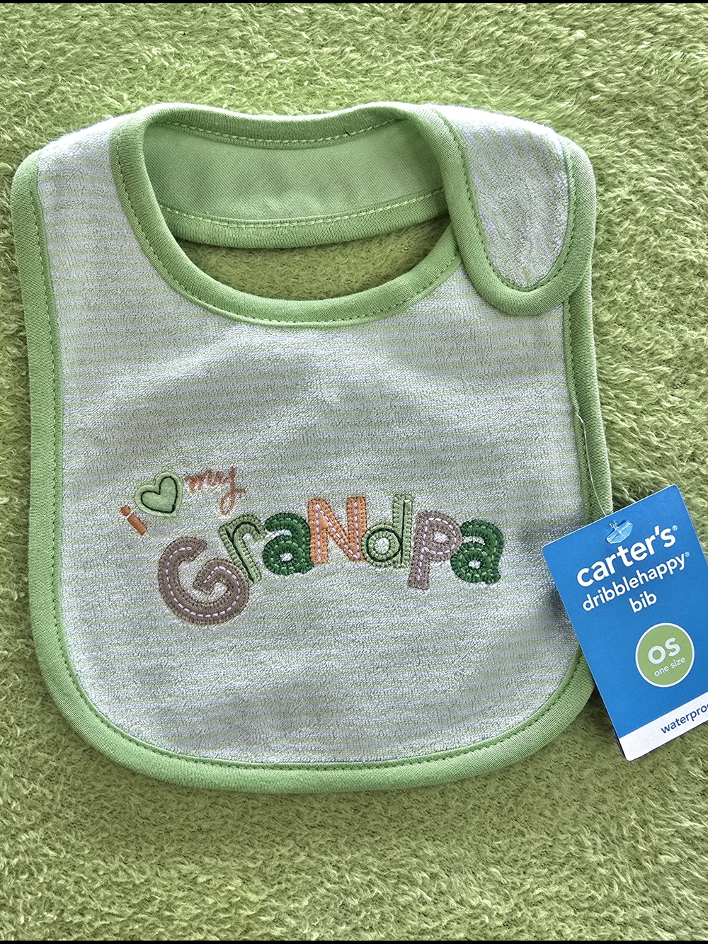 NWT Baby BOYS & GIRLS - BIB - I LOVE MY GRANDPA - GREEN Stripes & Applique (M3)